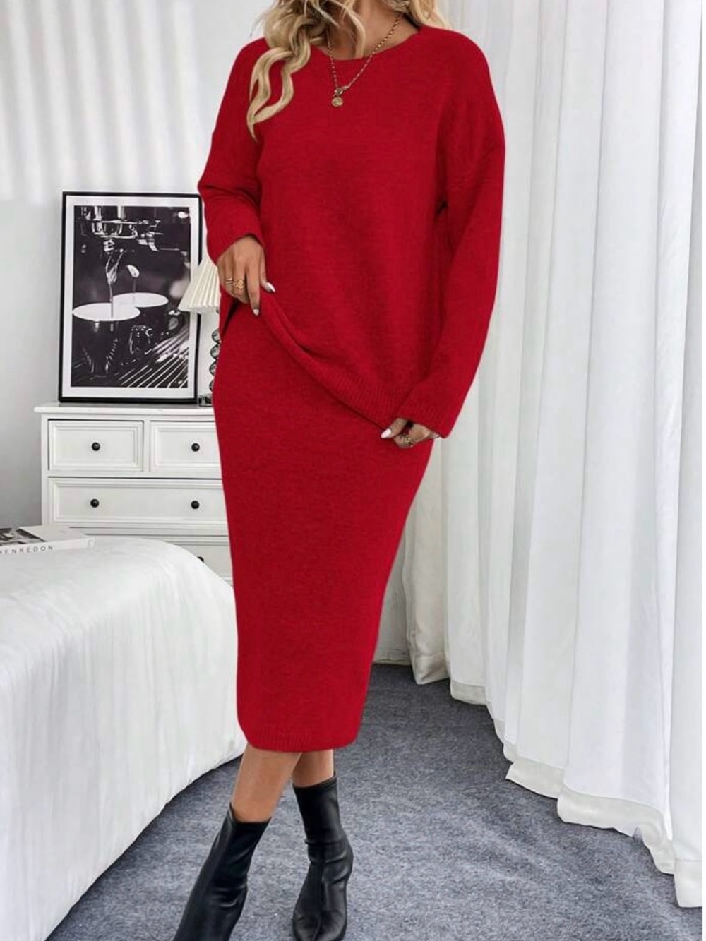 SHEIN Red Matching Sweater & Pencil Midi Skirt - Knit Women's Two-Piece Look